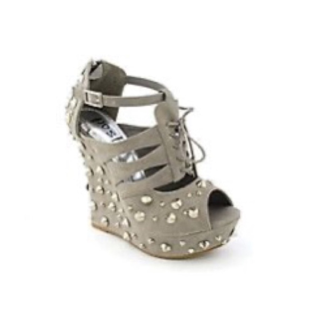 Gray and Silver Spiked Lace up Wedges